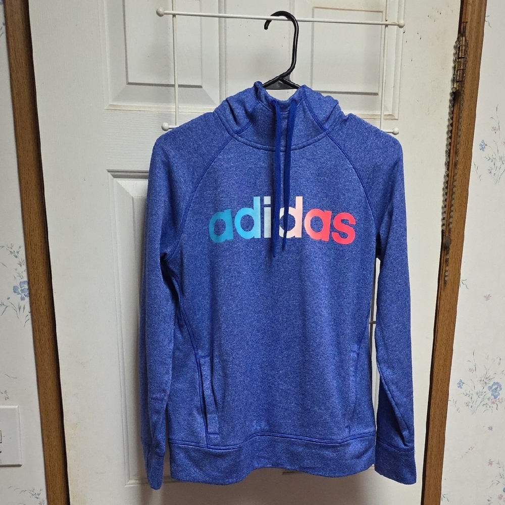 Adidas Heathered Blue Hoodie with Colorful Logo